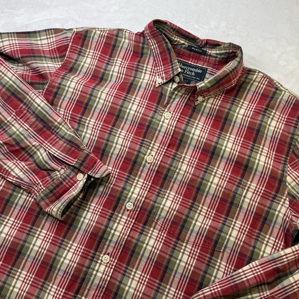 Abercrombie Fitch Shirt Men's Large Red Muscle Plaid Casual Button Up Preppy Y2K
